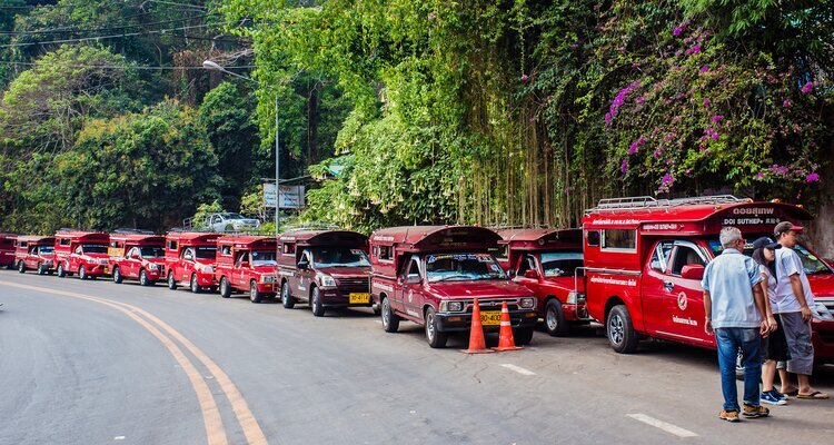 red songthaews in Chiang Mai,thailand