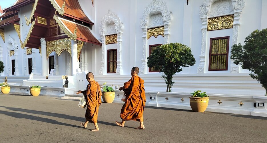 Young monks are back from almsgiving.