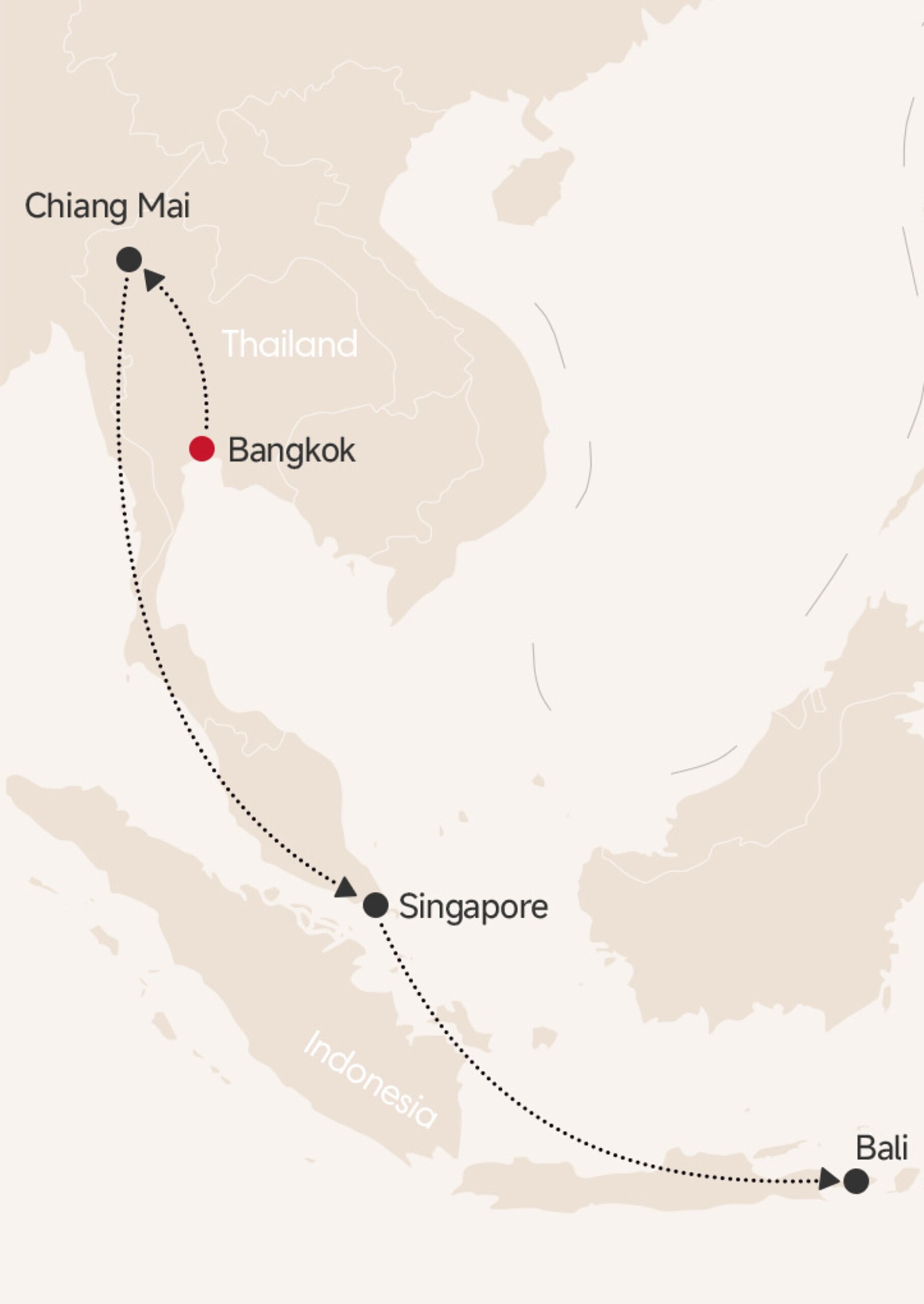 12-Day Thailand, Singapore, and Bali Tour map